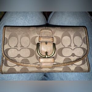 Coach Signature Canvas Wallet in Brown/Tan with Brass Buckle